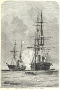 Engraving of the USS San Jacinto intercepting the RMS Trent on November 8, 1861, during the Trent Affair, when Confederate diplomats James Murray Mason and John Slidell were seized at sea.