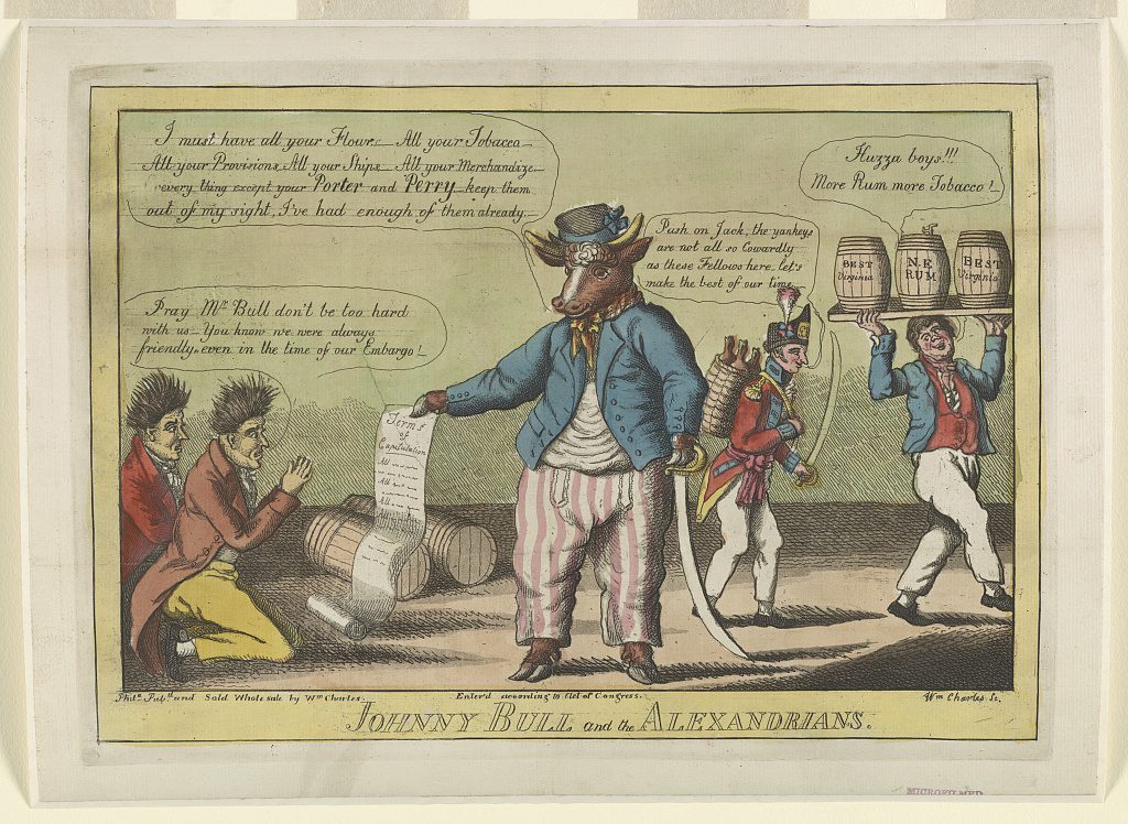 Satirical illustration by Charles William (1776-1820) depicting terrified residents of Alexandria, Virginia, reluctantly acknowledging demands by "John Bull." Image sourced from the Library of Congress.