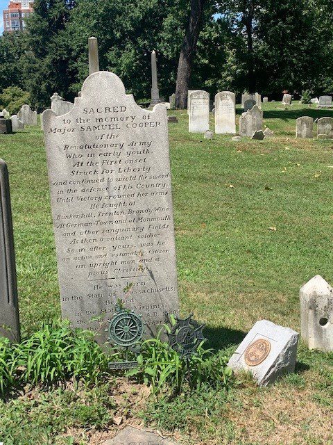 Gravestone a Week feature: Gravestone of Major Samuel Cooper (1763–1840) in Christ Church Episcopal Cemetery, Alexandria, Virginia. Cooper was a participant in the Boston Tea Party at age 16 and later served in the American Revolution.