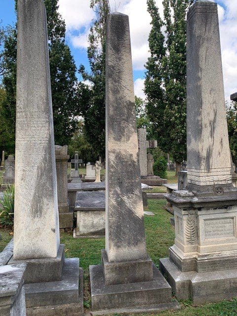 Three obelisks in the Cazenove family burial plot in the Presbyterian Cemetery, Alexandria, Virginia.
