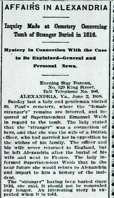 Female Stranger’s grave in Alexandria featured in the June 2, 1898, Washington Evening Star article, illustrating one of the earliest newspaper accounts of the mystery.