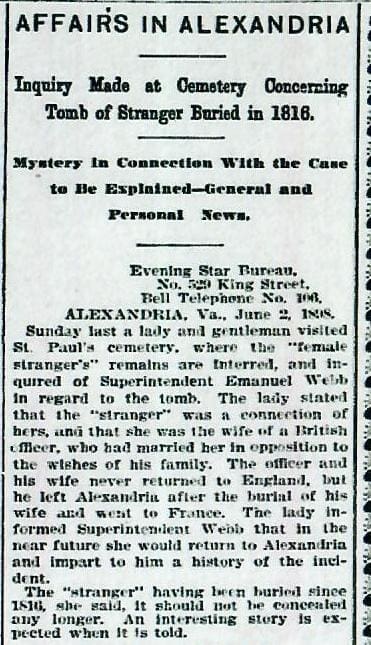 Female Stranger’s grave in Alexandria featured in the June 2, 1898, Washington Evening Star article, illustrating one of the earliest newspaper accounts of the mystery.