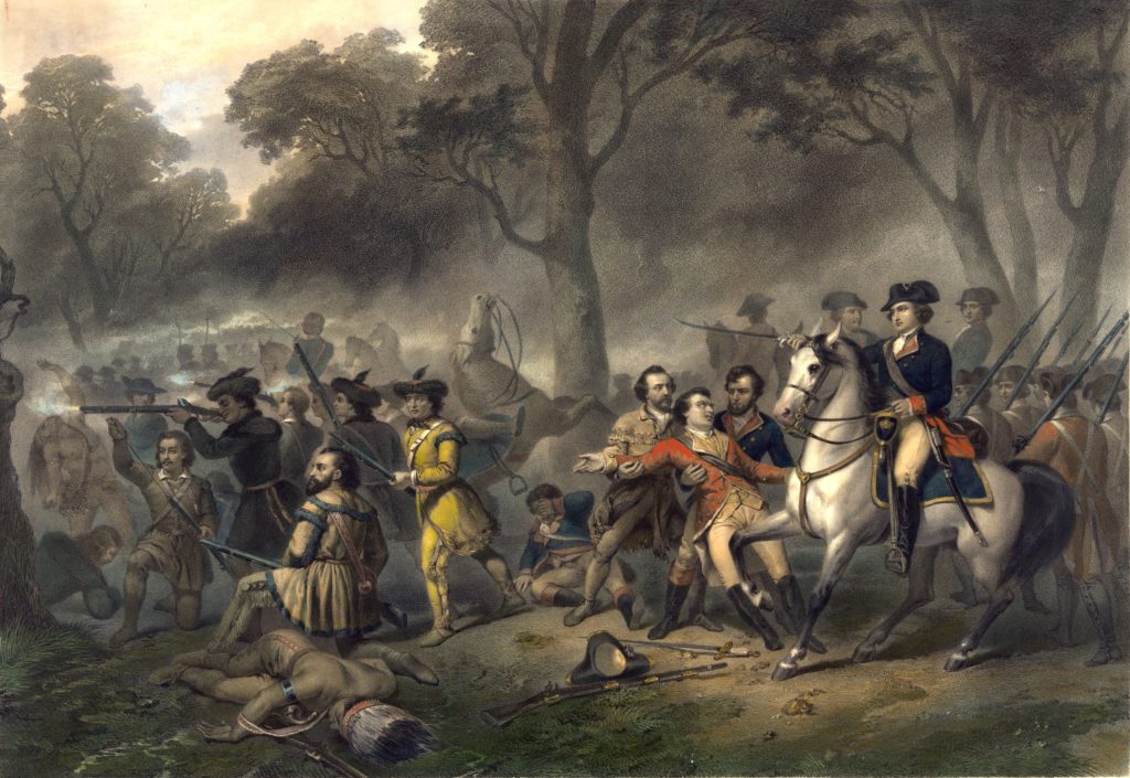 Circa 1834 painting of General Edward Braddock being carried by soldiers after being mortally wounded in the Battle of the Monongahela, with a young George Washington rallying the troops. Image courtesy of the Library of Congress.