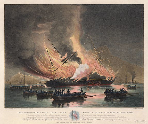 Illustration of the USS Missouri burning in Gibraltar on August 26, 1843, during the command of U.S. Navy officer John Thomas Newton.