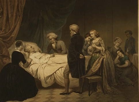 1853 lithograph showing George Washington on his deathbed, surrounded by Martha Washington, Dr. James Craik, Tobias Lear, valet Christopher Shears, Dr. Elisha Cullen Dick, and three enslaved household maids.