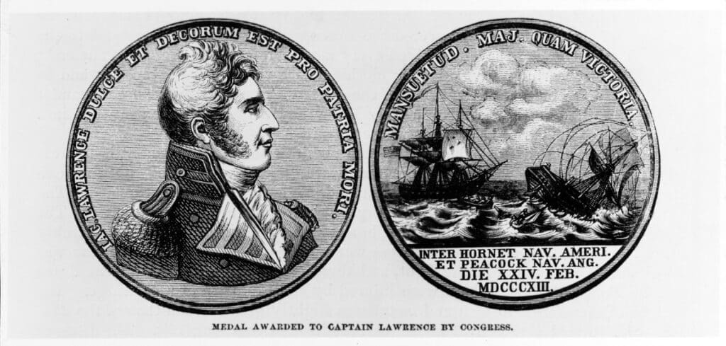 Engraved Congressional Gold Medal awarded to Captain James Lawrence for the USS Hornet victory over HMS Peacock in 1813, associated with the service of U.S. Navy officer John Thomas Newton.
