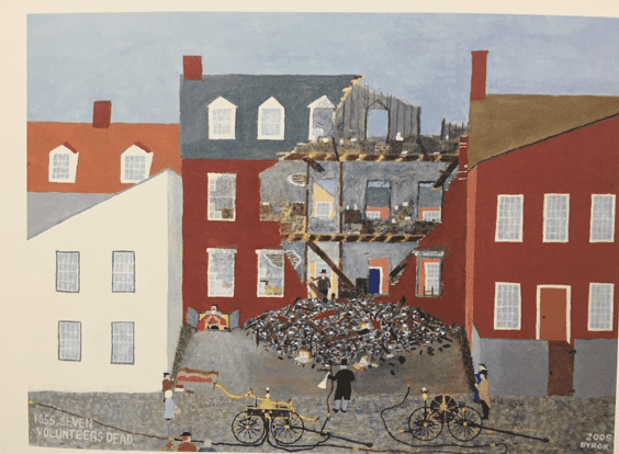 An illustration titled 'Seven Volunteers Dead' by Byron McBride, depicting the fallen firefighters of the Alexandria Fire of 1855. Featured on page 14 of Catherine Weinraub’s Friendship Fire Company 250th Anniversary booklet, the artwork honors the brave firefighters who lost their lives in the line of duty.