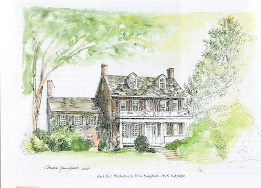 Illustration of Bush Hill by Christine Youngbluth, featured in Lost Alexandria: An Illustrated History of Sixteen Destroyed Historic Homes in and Around Alexandria, Virginia by J. Roberts.