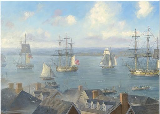 Painting of British warships anchored off Alexandria in late August 1814, including the rocket vessels Meteor and Erebus, whose cannon and Congreve rockets forced the city’s surrender during the War of 1812.