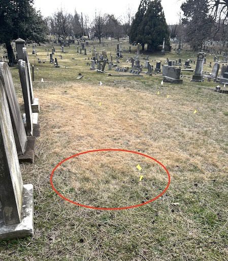 Gravestone a Week feature: An image of the unmarked burial site of firefighter Charles Glasscock in the Methodist Protestant Cemetery, rediscovered in 2024 after historical research.