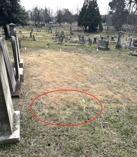 Gravestone a Week feature: An image of the unmarked burial site of firefighter Charles Glasscock in the Methodist Protestant Cemetery, rediscovered in 2024 after historical research.