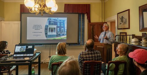 David Heiby delivering one of his expert historical talks at the Lee-Fendall House Museum, discussing the untold stories of residents and the Wilkes Street Cemetery Complex. Photo by Shawn Erdly.
