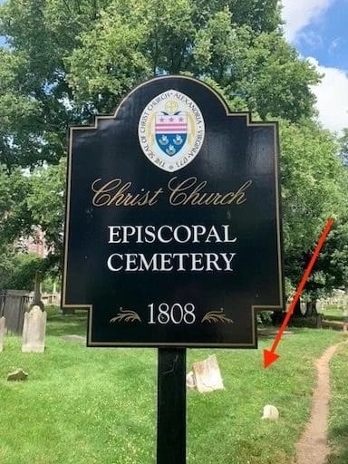 Gravestone a Week feature: Unmarked burial site of Col. George Gilpin in Christ Church Episcopal Cemetery, marked with a red arrow, confirmed through GPR scans in 2024.