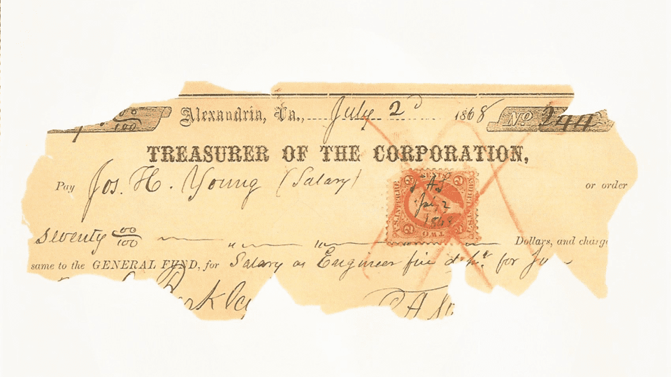 Portion of a handwritten check dated July 23, 1868, showing a $70 payment to Joseph H. Young from Alexandria’s general fund for his fire department salary. Provided by historian Catherine Weinraub.