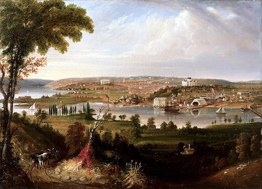 1833 oil painting by George Cooke showing the City of Washington from beyond the Navy Yard, with early 19th-century buildings, smokestacks, and the Capitol dome in the distance