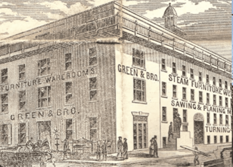 1860s drawing of the Green Furniture Factory at 200 South Fairfax Street in Alexandria, site of the 1827 fire and later a Civil War prison; image courtesy of Catherine Weinraub
