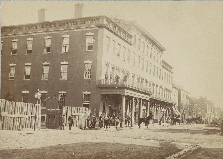 Historic image of the Mansion House Hotel in Alexandria, formerly the Old Bank of Alexandria, later seized by Union forces and used as a major military hospital during the Civil War