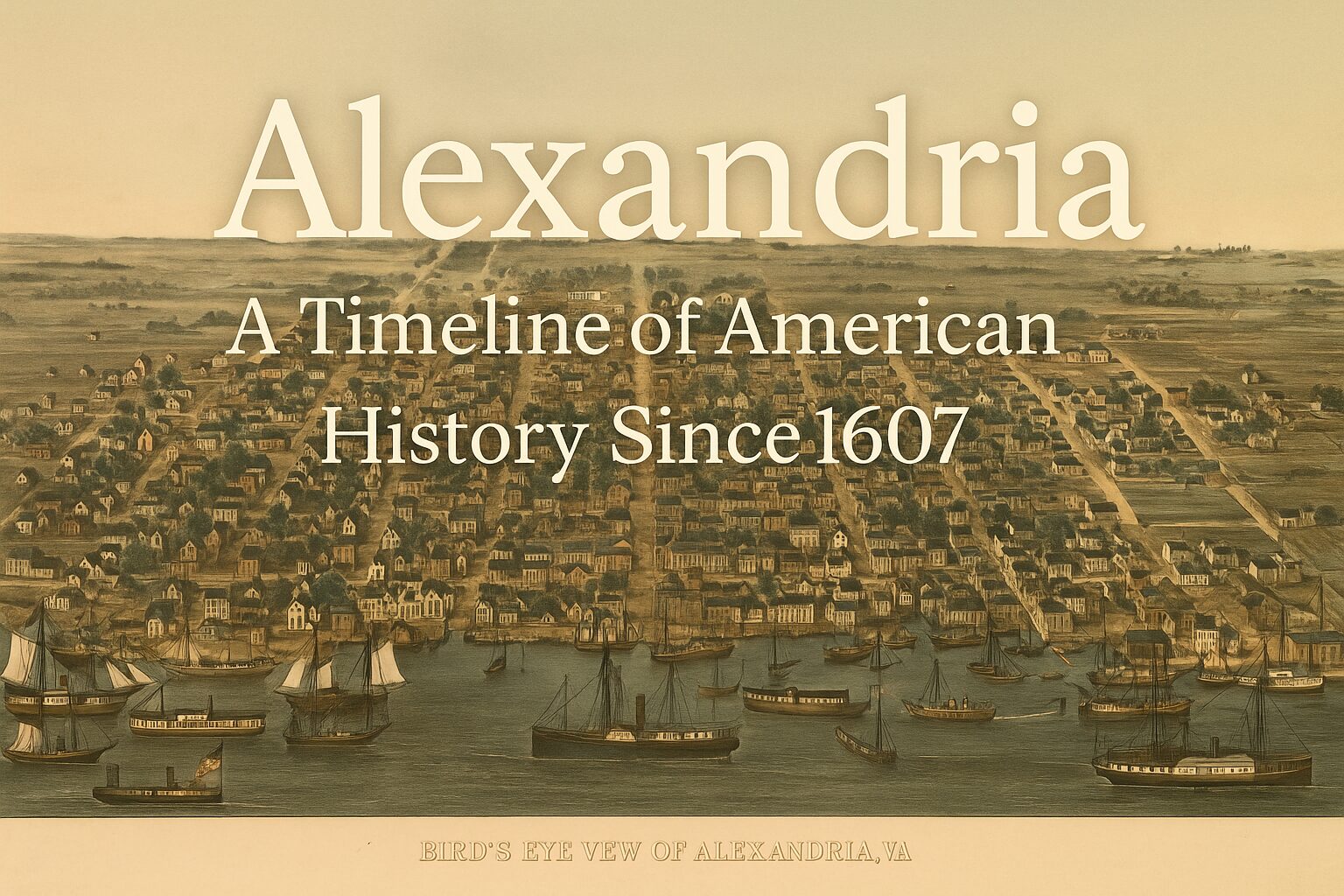 Bird’s-eye view illustration of Alexandria, Virginia in the 1860s with ships in the Potomac and historic town streets.