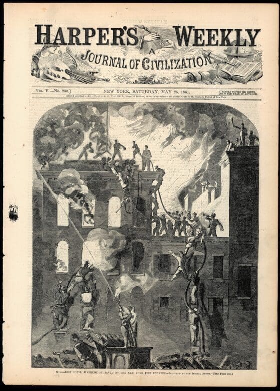 Front page of Harper’s Weekly, May 25, 1861, depicting the New York Fire Zouaves battling a blaze near Willard’s Hotel in Washington, D.C., forming human pyramids to fight the flames under the leadership of Elmer Ellsworth.