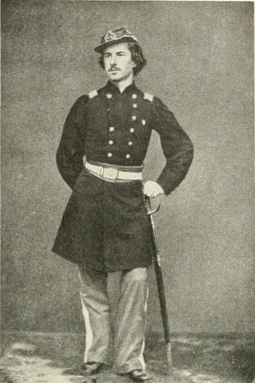Full-length portrait of Colonel Elmer E. Ellsworth in Union uniform, commander of the 11th New York “Fire Zouaves,” noted for his close friendship with Abraham Lincoln and his expertise in Zouave drill tactics.