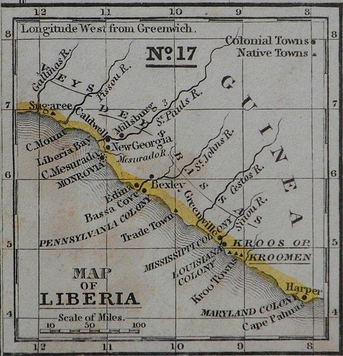 1839 map of Liberia showing Monrovia and ACS settlements before Liberia constitutional convention - Pennsylvania Mississippi Louisiana Maryland colonies