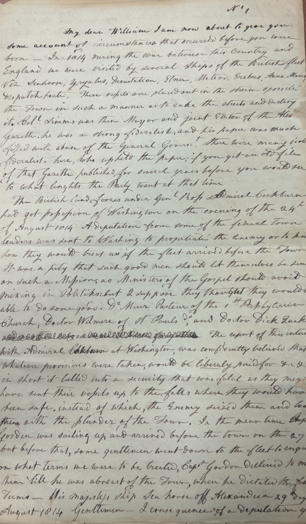 Page one of the Cazenove Letter documenting the Cazenove treason accusation, discovered January 15, 2026, in the Cazenove Family Papers (Box 240), Alexandria Library Special Collections.