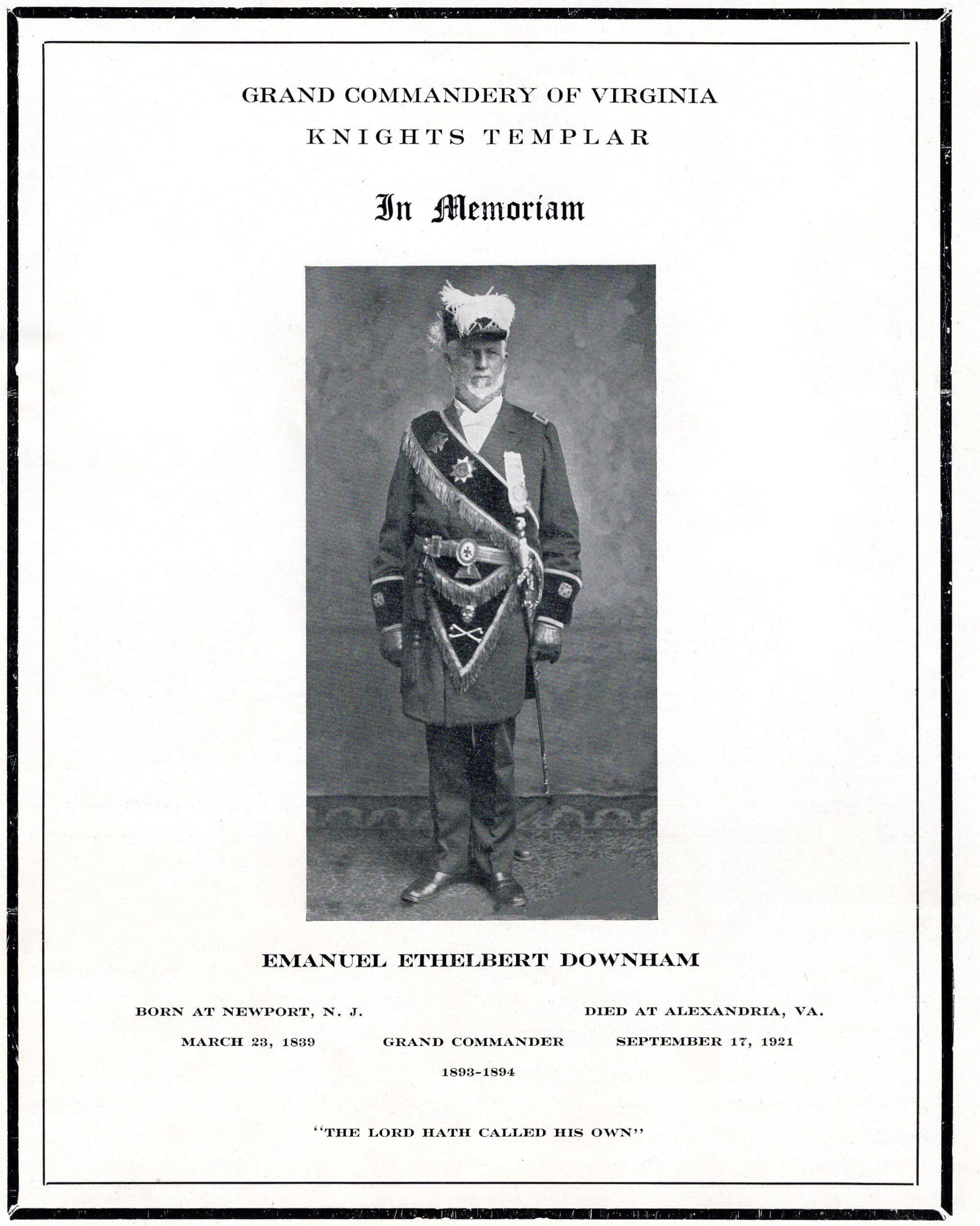 Formal portrait of Emanuel Ethelbert Downham in Knights Templar Grand Commander regalia, from the Grand Commandery of Virginia In Memoriam program, circa 1921