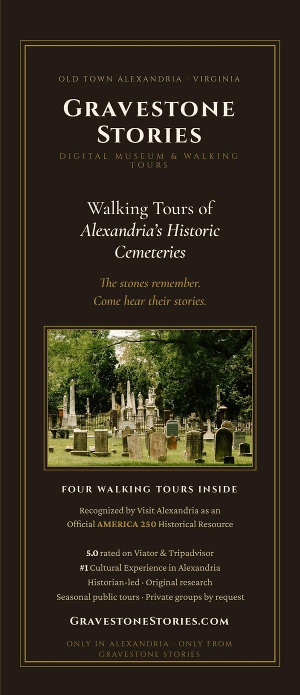 The Gravestone Stories Tour Brochure cover — four walking tours of Alexandria's historic cemeteries