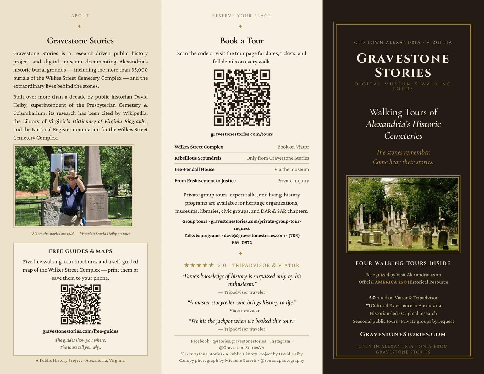 Gravestone Stories tour brochure — outside panels with cover, booking information, and about section